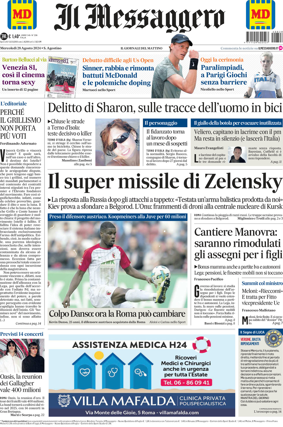 Prima-pagina-il-messaggero-edizione-di-oggi-28-08-2024