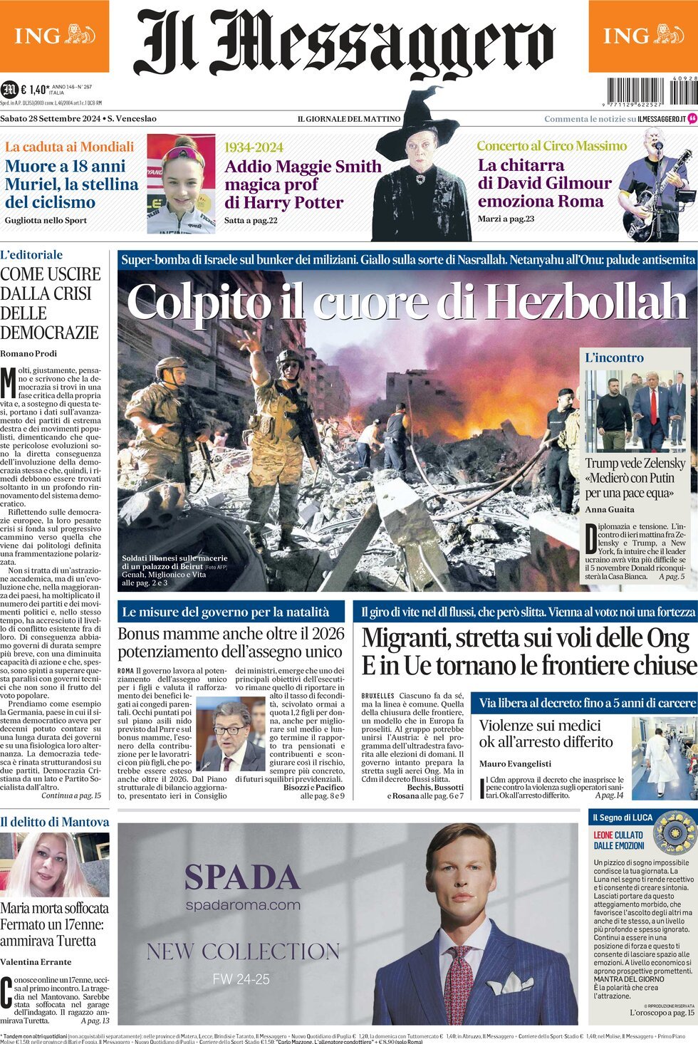 Prima-pagina-il-messaggero-edizione-di-oggi-28-09-2024