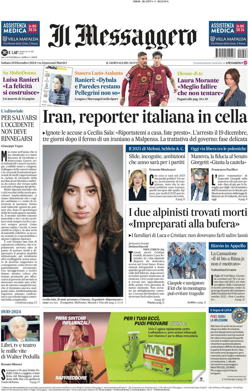 Prima-pagina-il-messaggero-edizione-di-oggi-28-12-2024