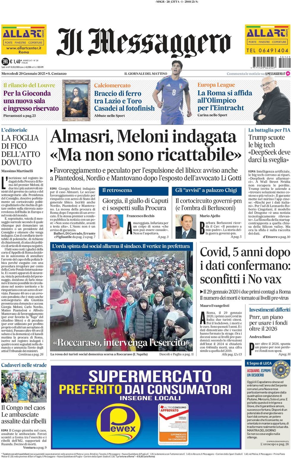 Prima-pagina-il-messaggero-edizione-di-oggi-29-01-2025