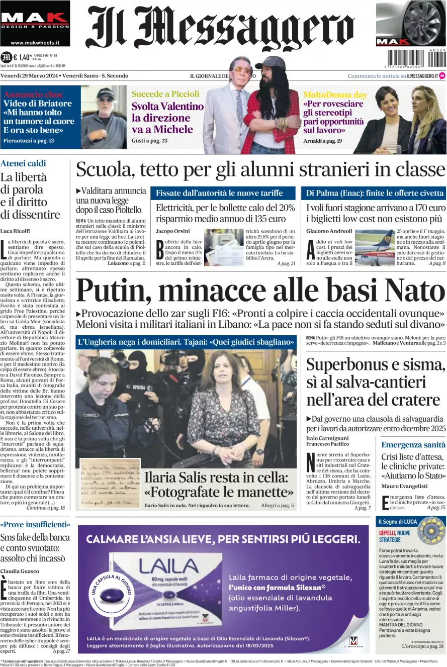 Prima-pagina-il-messaggero-edizione-di-oggi-29-03-2024