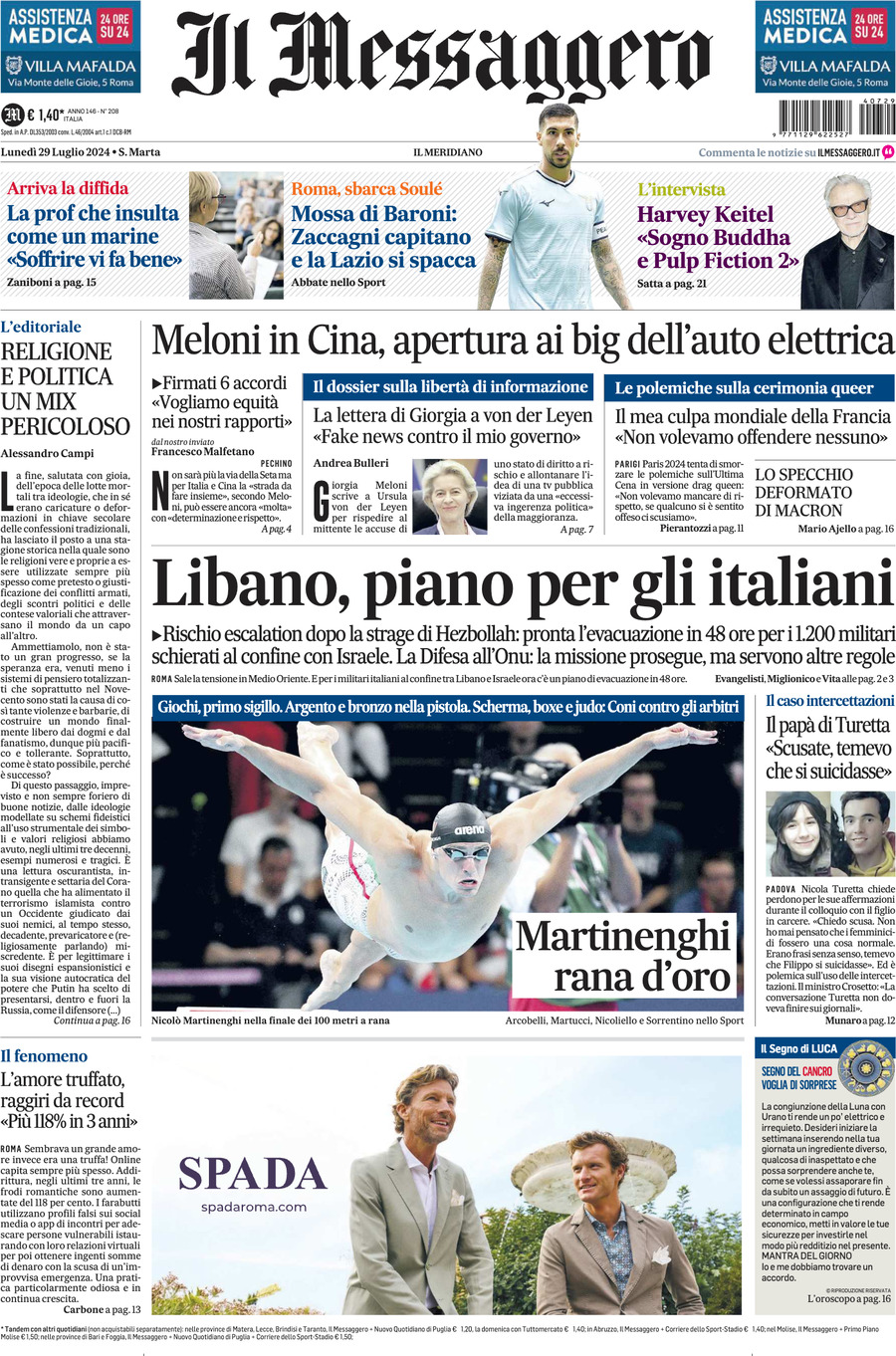 Prima-pagina-il-messaggero-edizione-di-oggi-29-07-2024