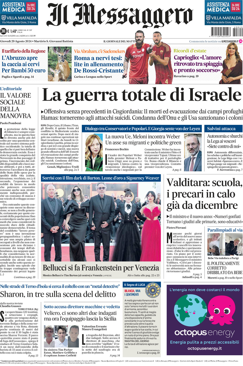 Prima-pagina-il-messaggero-edizione-di-oggi-29-08-2024