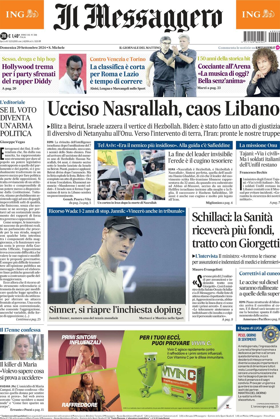 Prima-pagina-il-messaggero-edizione-di-oggi-29-09-2024