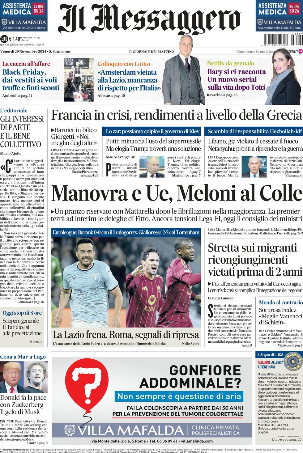 Prima-pagina-il-messaggero-edizione-di-oggi-29-11-2024