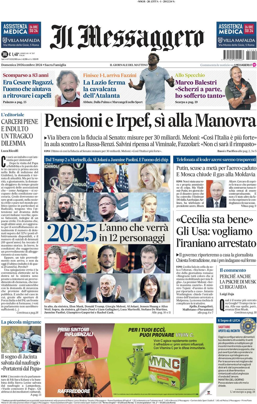 Prima-pagina-il-messaggero-edizione-di-oggi-29-12-2024