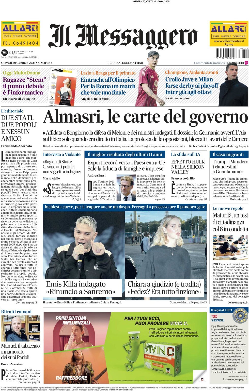 Prima-pagina-il-messaggero-edizione-di-oggi-30-01-2025