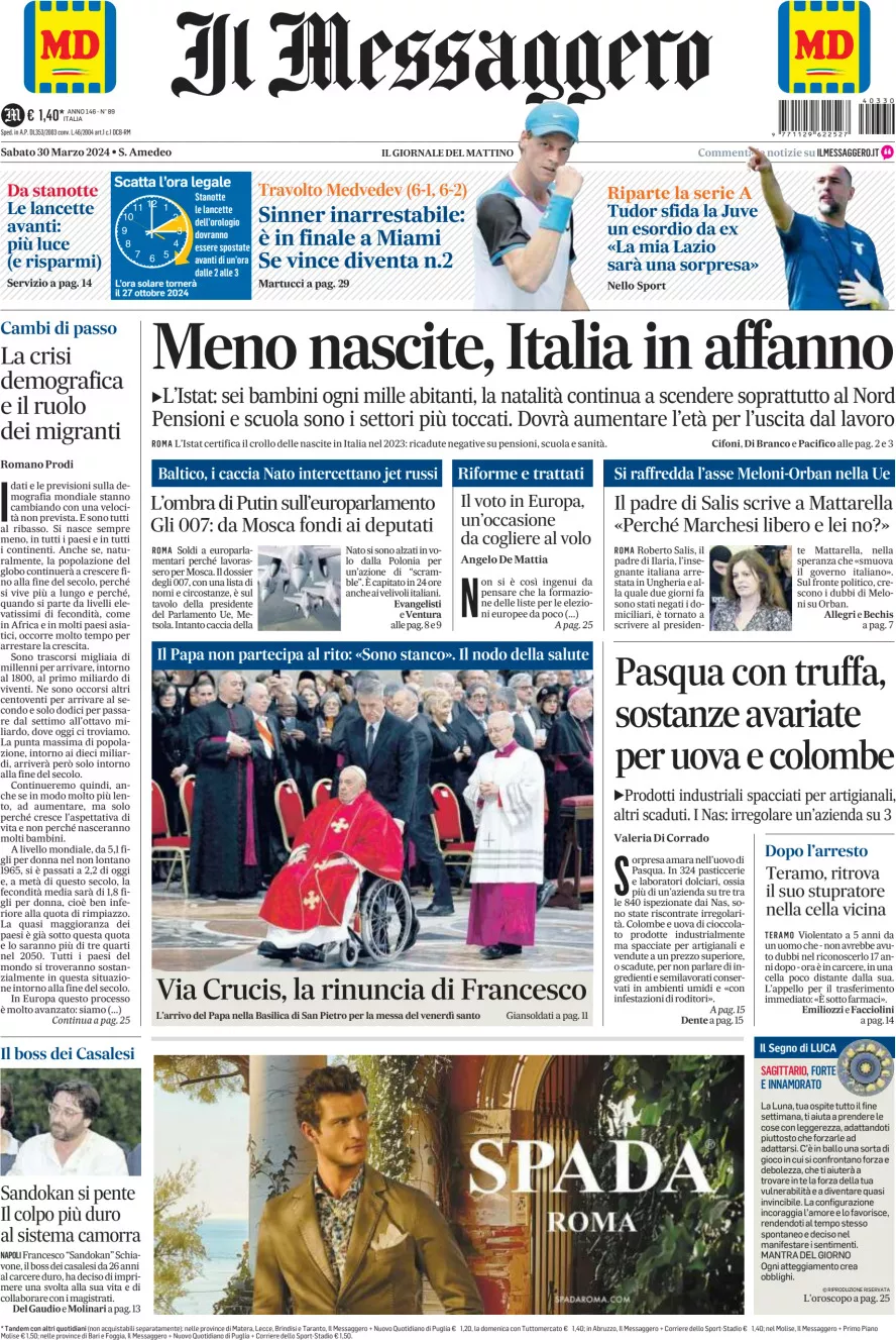 Prima-pagina-il-messaggero-edizione-di-oggi-30-03-2024