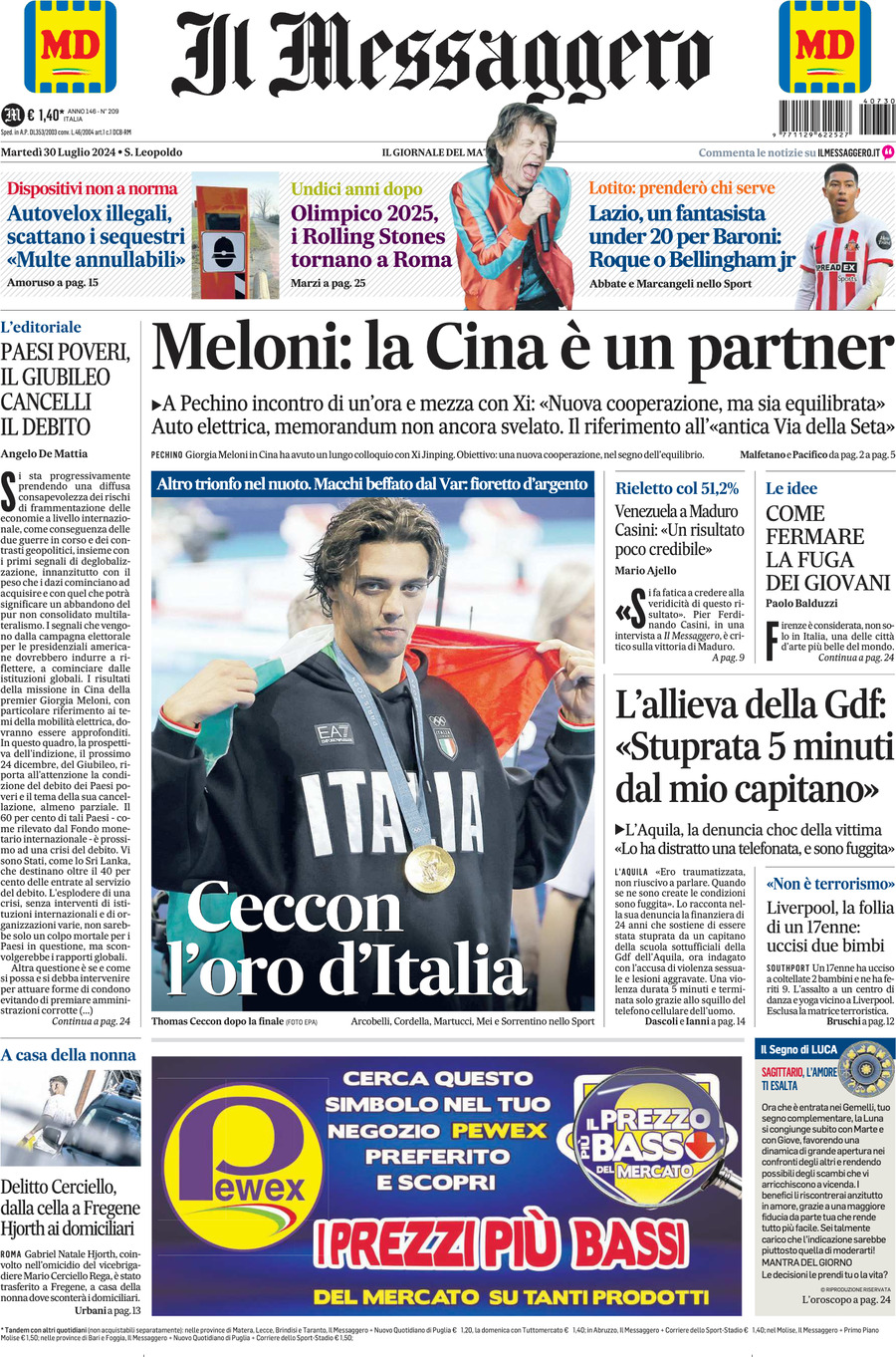 Prima-pagina-il-messaggero-edizione-di-oggi-30-07-2024