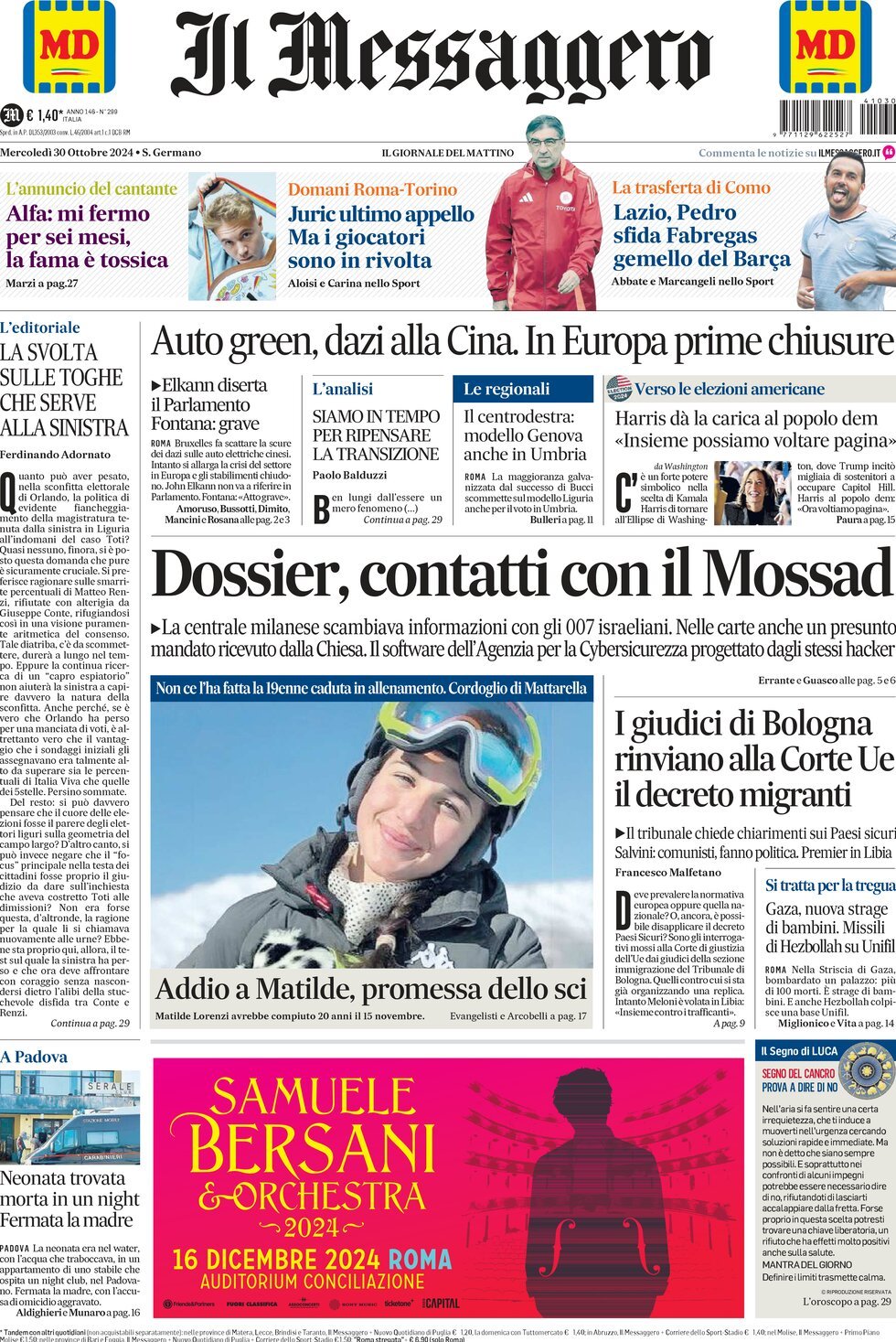 Prima-pagina-il-messaggero-edizione-di-oggi-30-10-2024