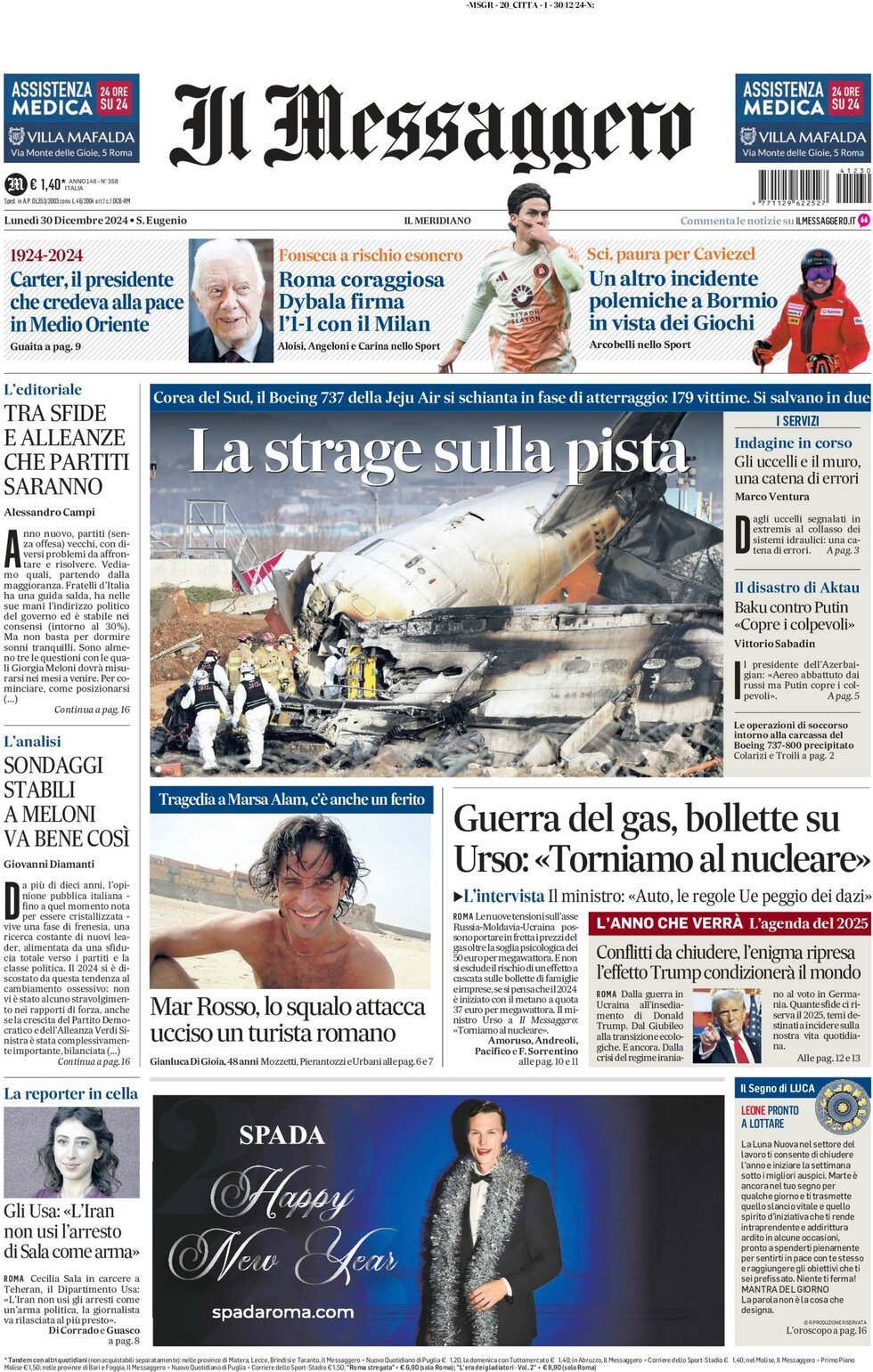 Prima-pagina-il-messaggero-edizione-di-oggi-30-12-2024