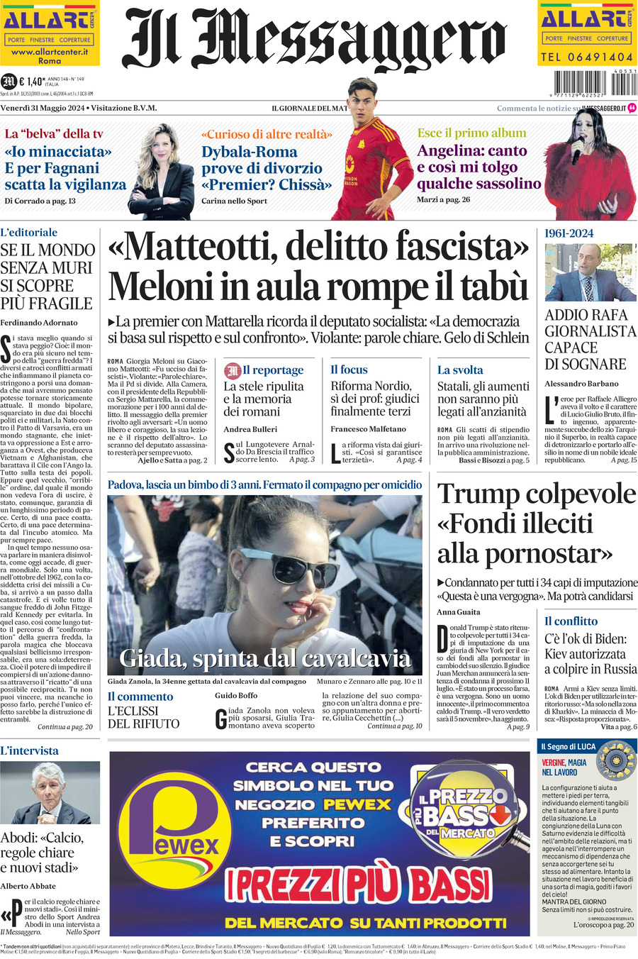 Prima-pagina-il-messaggero-edizione-di-oggi-31-05-2024