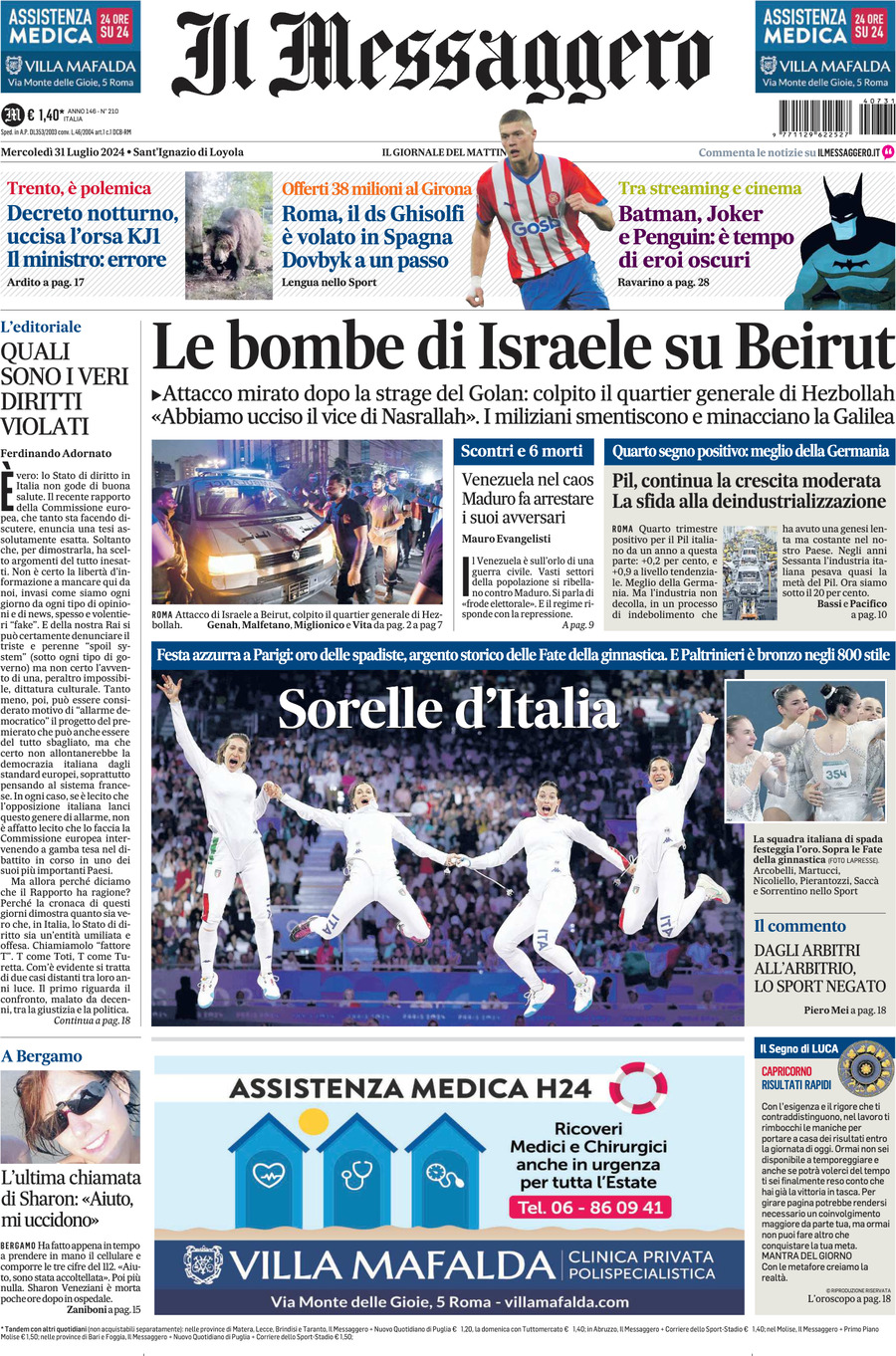 Prima-pagina-il-messaggero-edizione-di-oggi-31-07-2024