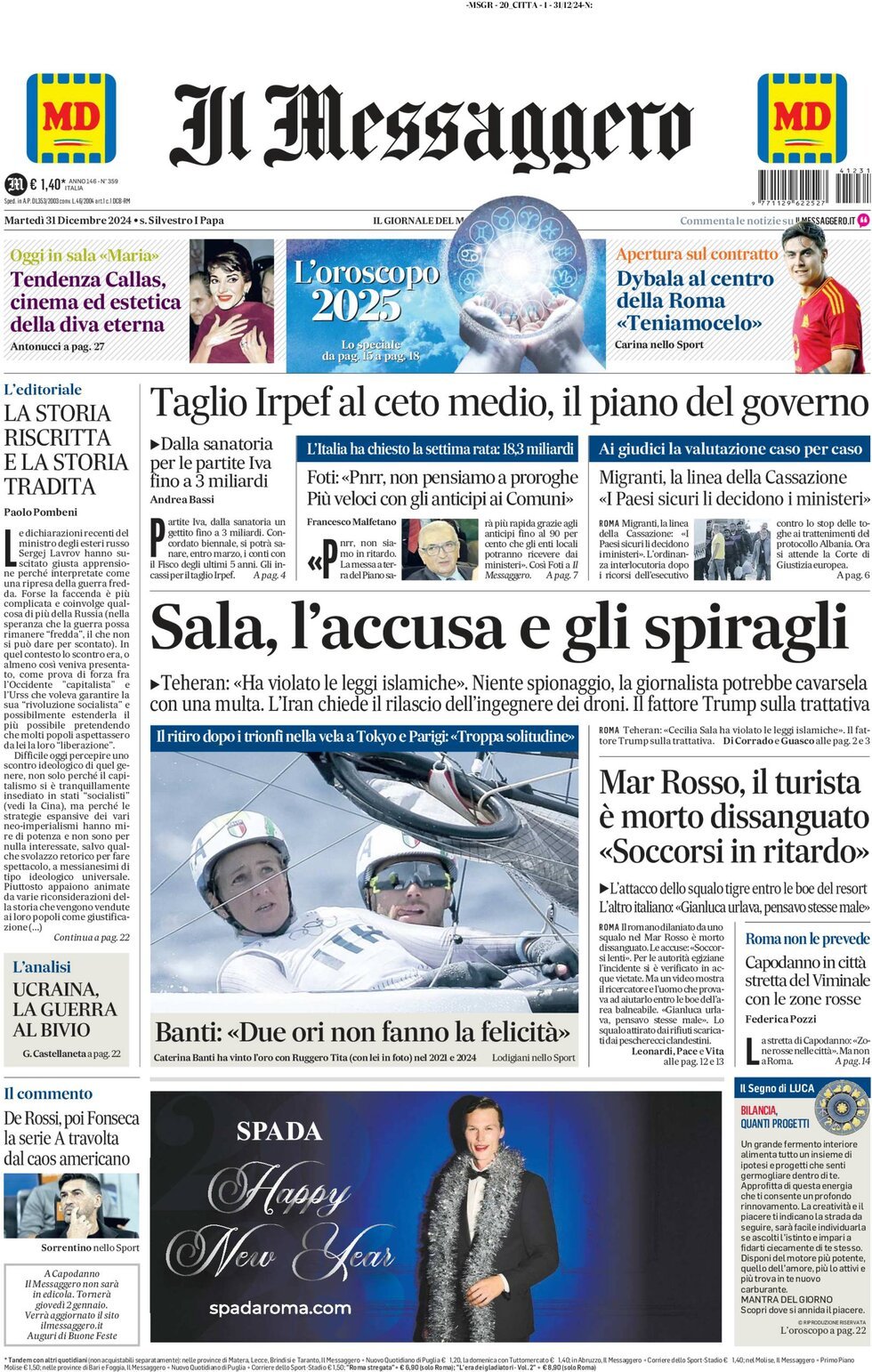 Prima-pagina-il-messaggero-edizione-di-oggi-31-12-2024