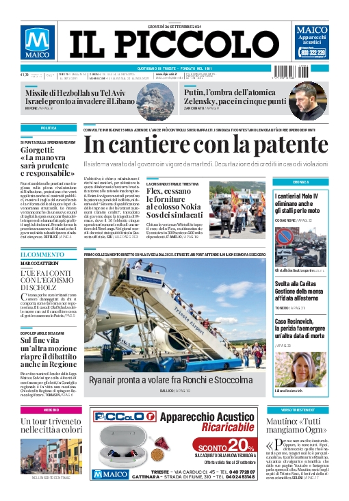 Prima-pagina-il-piccolo-edizione-di-oggi-26-09-2024