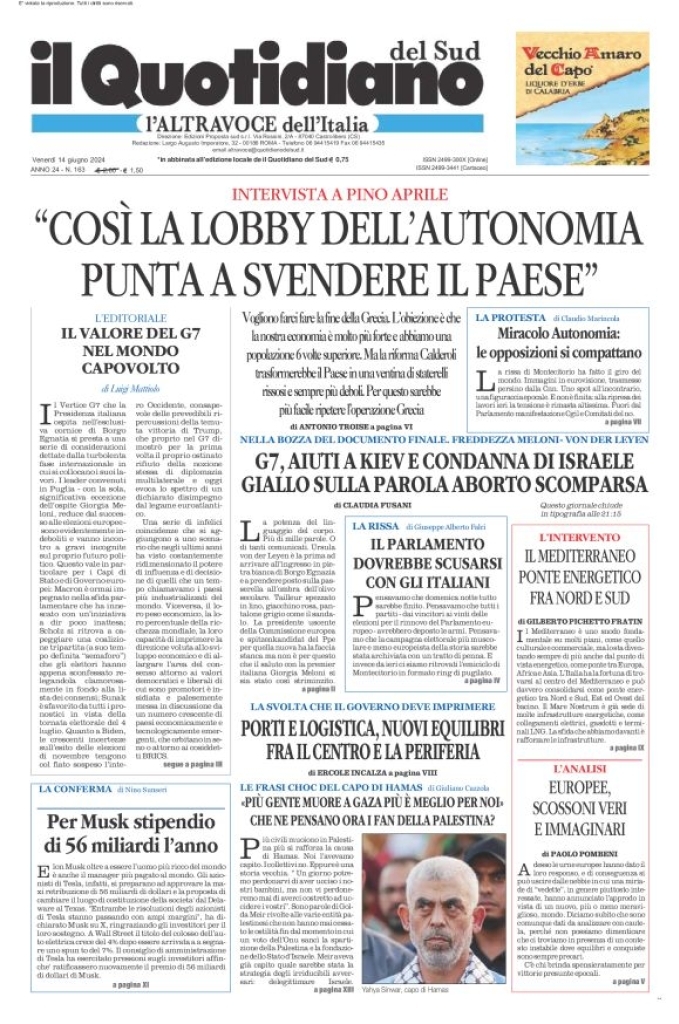 Prima-pagina-il-quotidiano-del-sud-edizione-di-oggi-14-06-2024