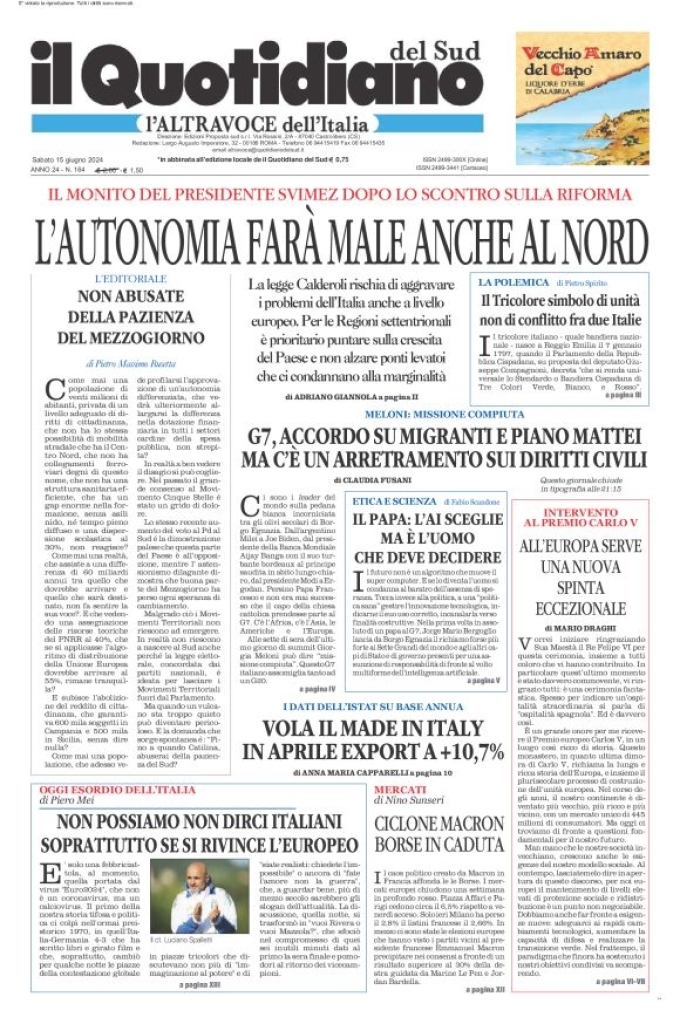 Prima-pagina-il-quotidiano-del-sud-edizione-di-oggi-15-06-2024