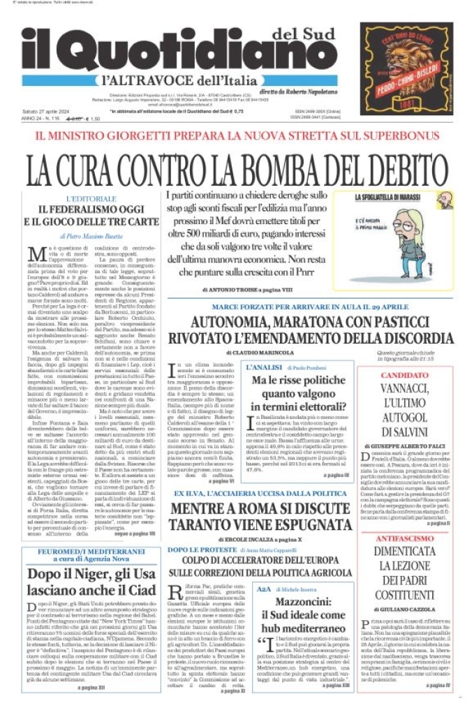 Prima-pagina-il-quotidiano-del-sud-edizione-di-oggi-27-04-2024