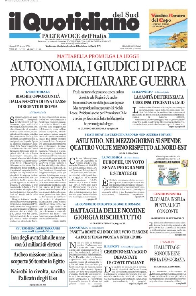 Prima-pagina-il-quotidiano-del-sud-edizione-di-oggi-27-06-2024