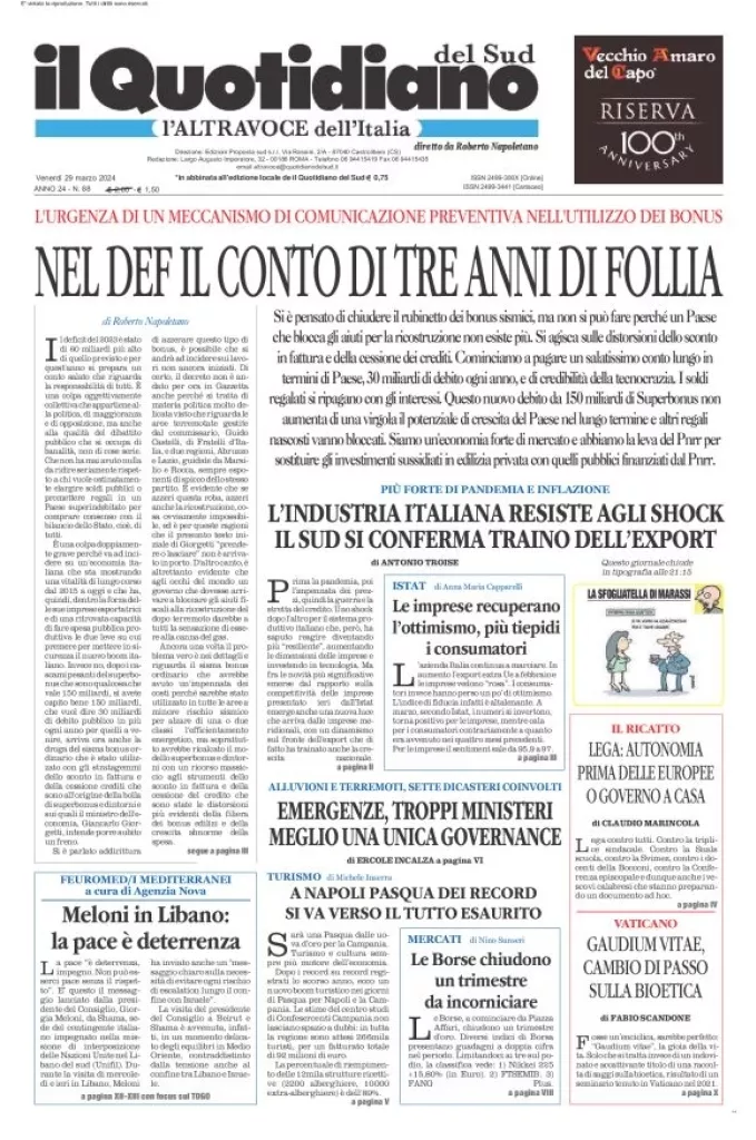 Prima-pagina-il-quotidiano-del-sud-edizione-di-oggi-29-03-2024