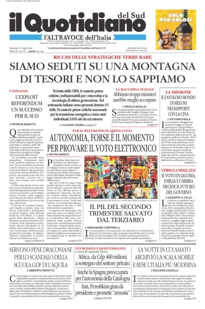 Prima-pagina-il-quotidiano-del-sud-edizione-di-oggi-31-07-2024