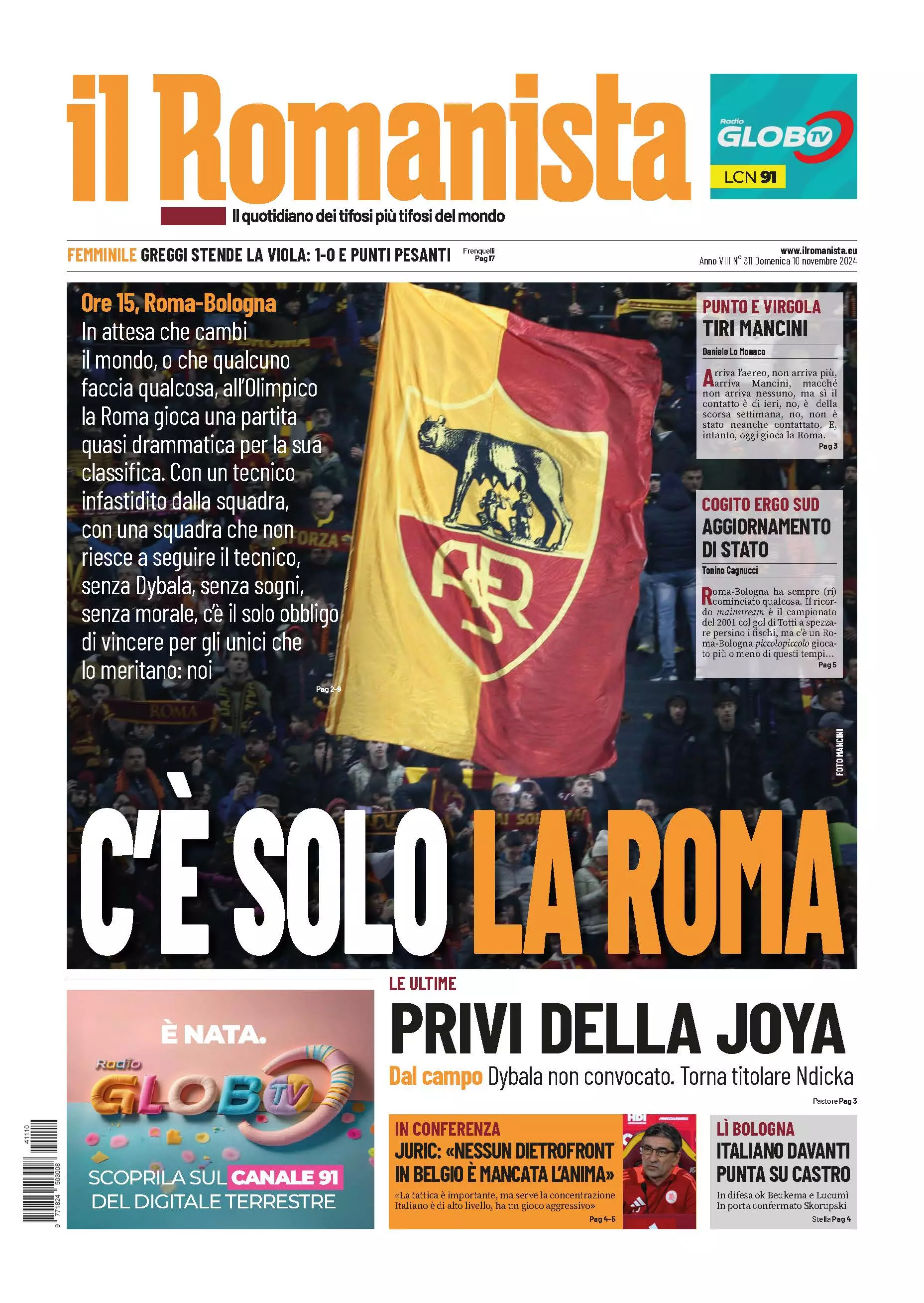 Prima-pagina-Il-Romanista-edizione-di-oggi-10-11-2024