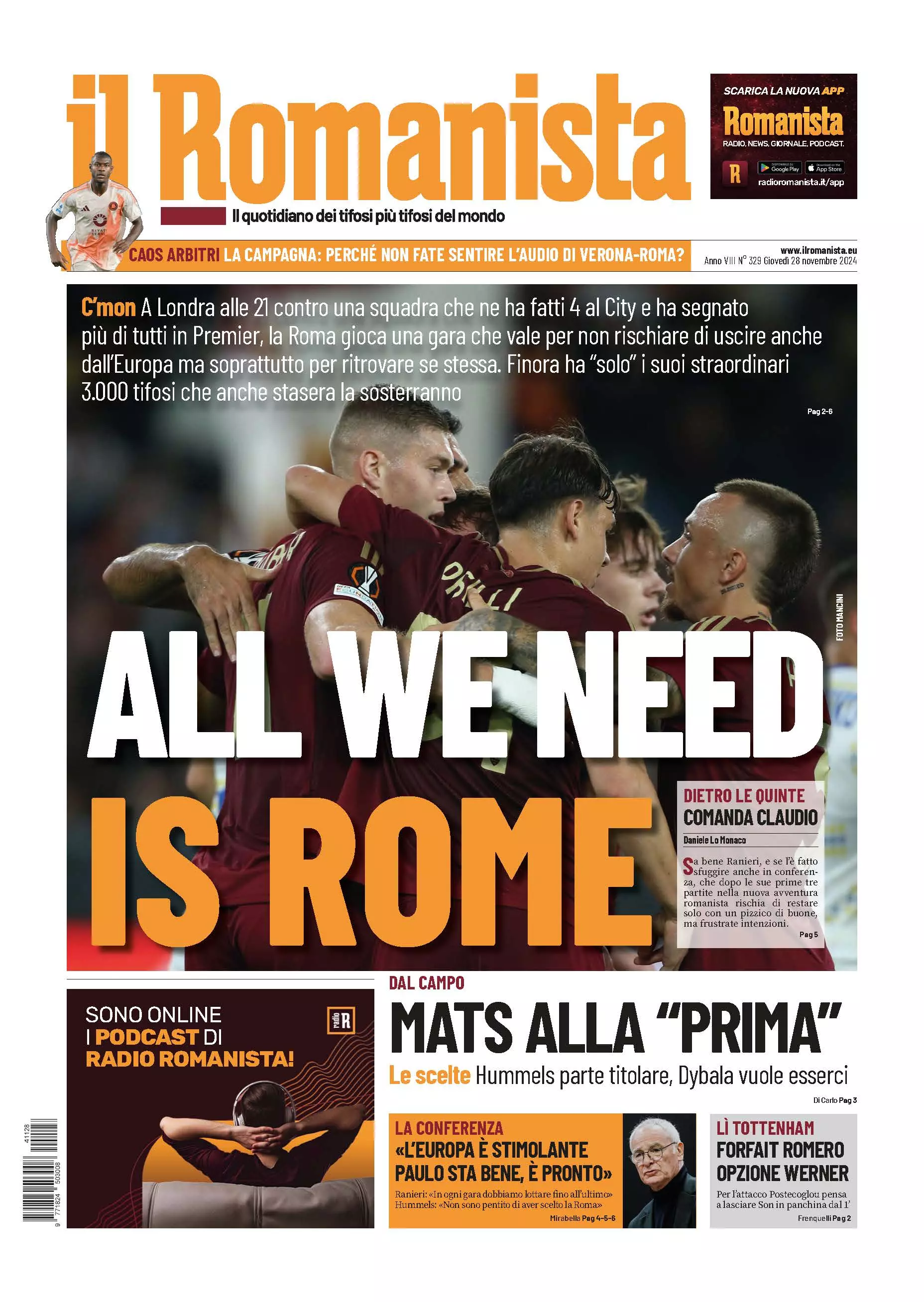 Prima-pagina-Il-Romanista-edizione-di-oggi-28-11-2024