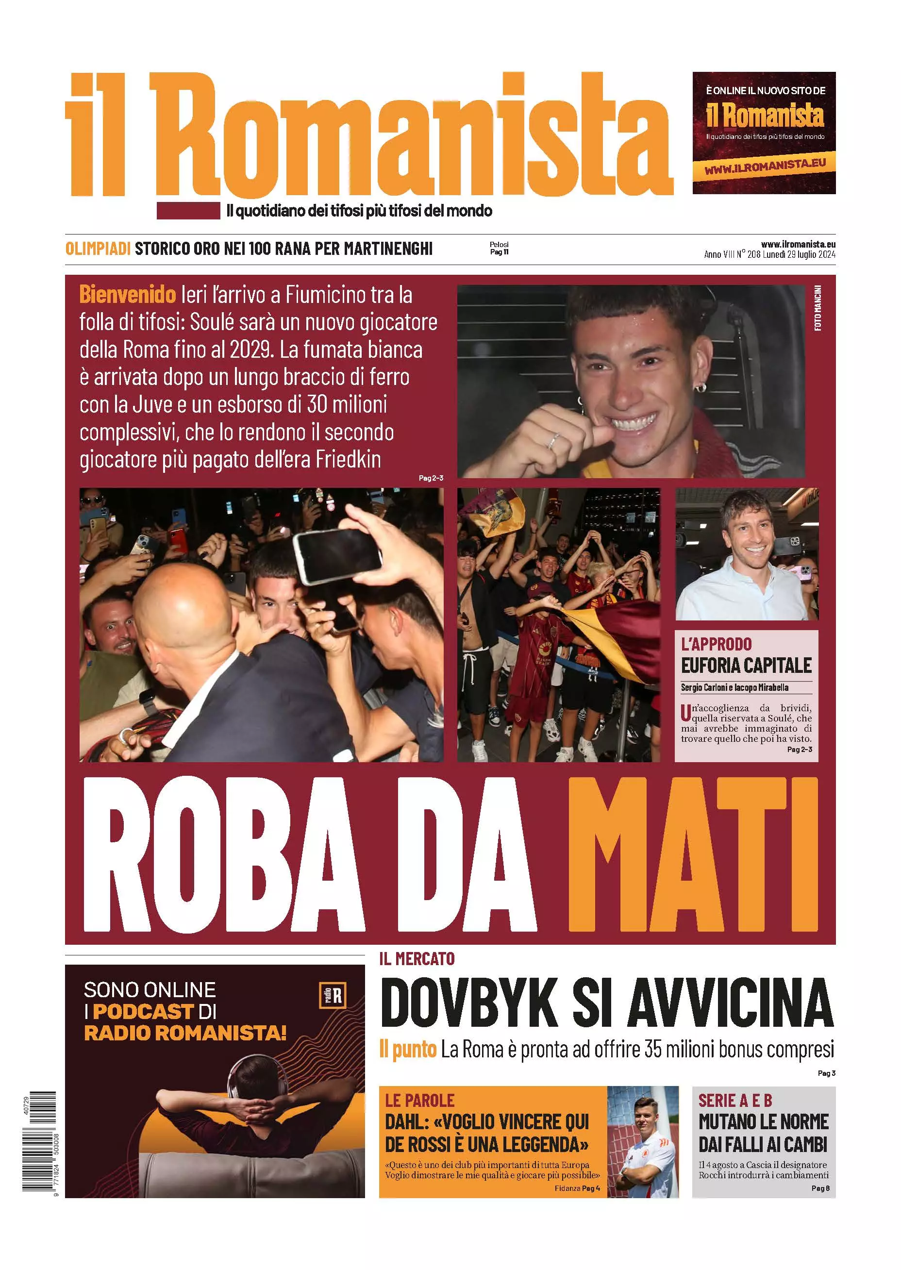 Prima-pagina-Il-Romanista-edizione-di-oggi-29-07-2024