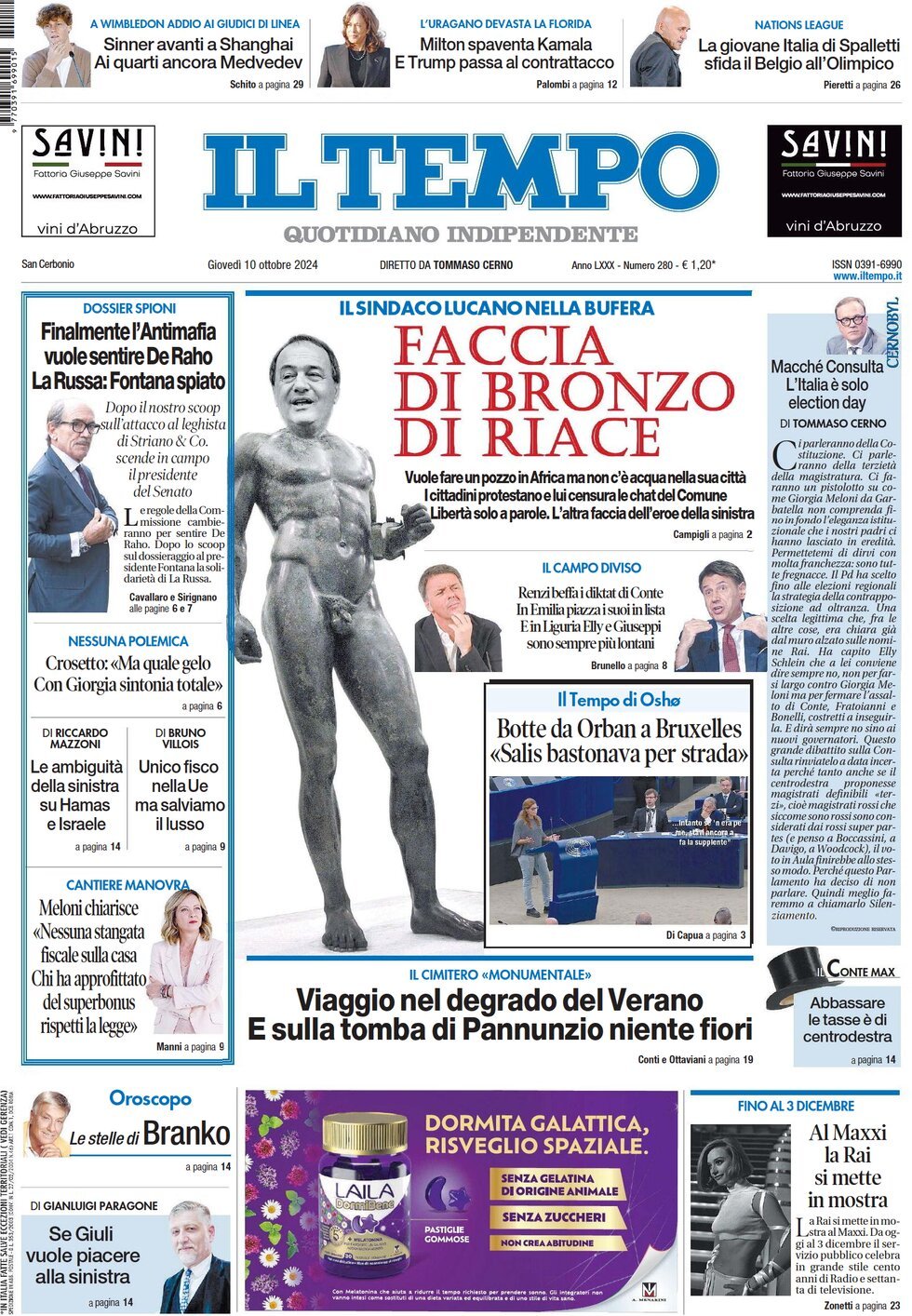 Prima-pagina-il-tempo-edizione-di-oggi-10-10-2024