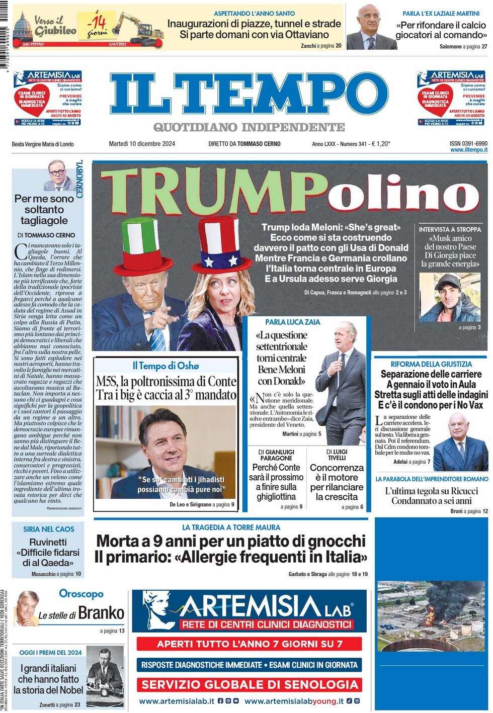 Prima-pagina-il-tempo-edizione-di-oggi-10-12-2024