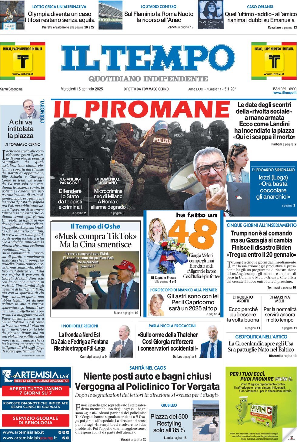 Prima-pagina-il-tempo-edizione-di-oggi-15-01-2025