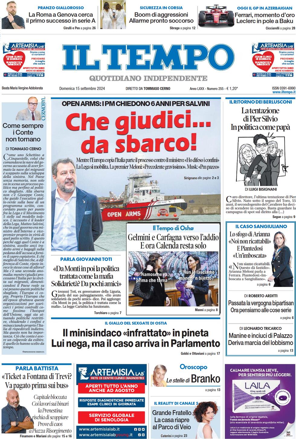 Prima-pagina-il-tempo-edizione-di-oggi-15-09-2024