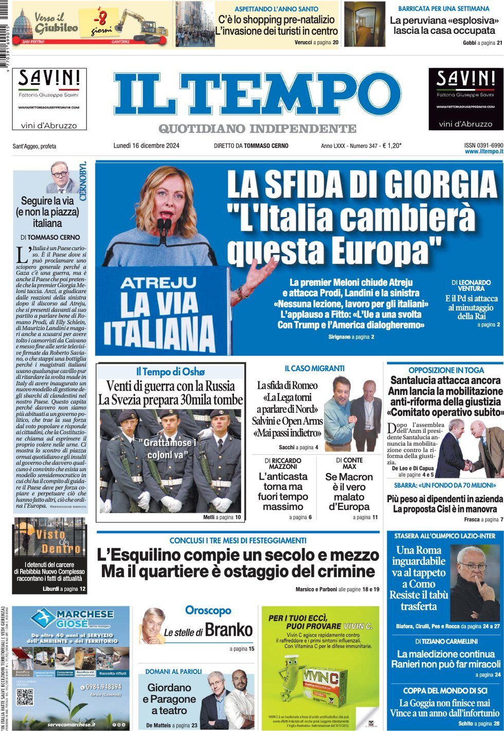 Prima-pagina-il-tempo-edizione-di-oggi-16-12-2024