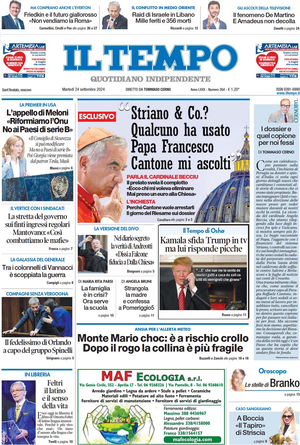 Prima-pagina-il-tempo-edizione-di-oggi-24-09-2024