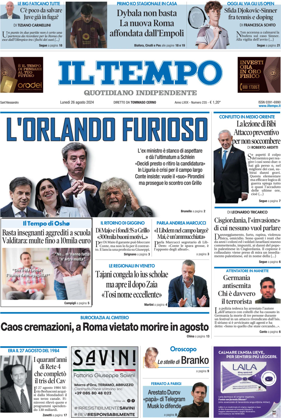 Prima-pagina-il-tempo-edizione-di-oggi-26-08-2024