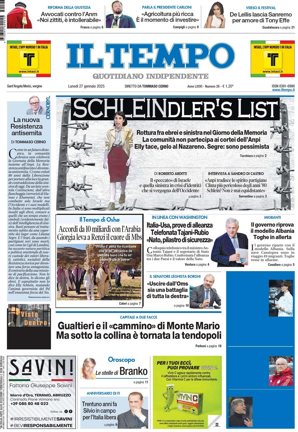 Prima-pagina-il-tempo-edizione-di-oggi-27-01-2025