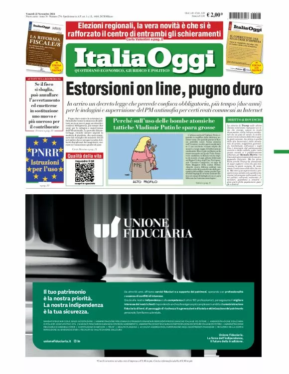 Prima-pagina-italia-oggi-edizione-del-2024-11-22