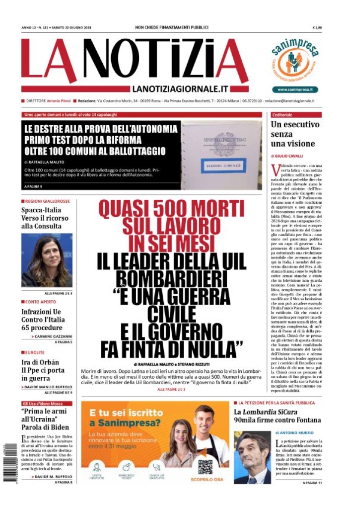 Prima-pagina-la-notizia-giornale-edizione-del-2024-06-22