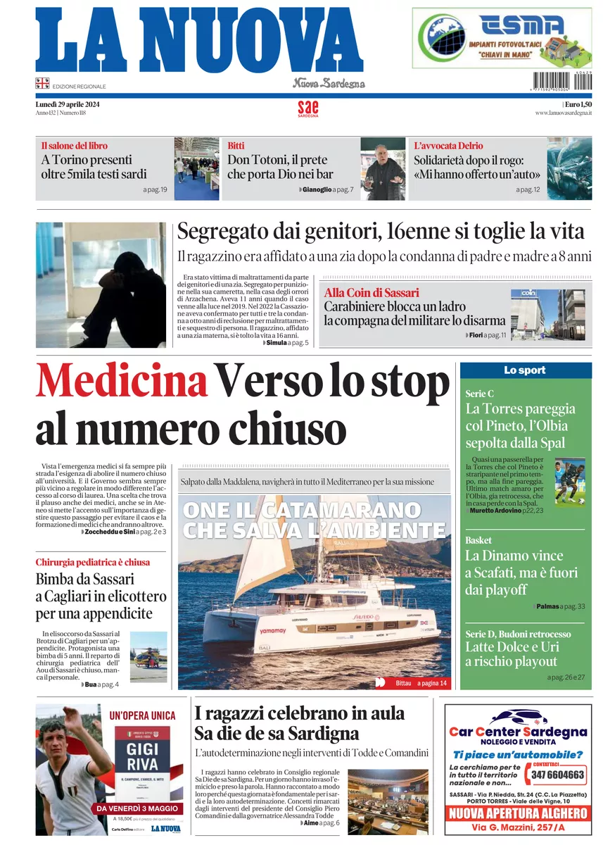 Prima-pagina-la-nuova-sardegna-oggi-oggi-edizione-del-2024-04-29