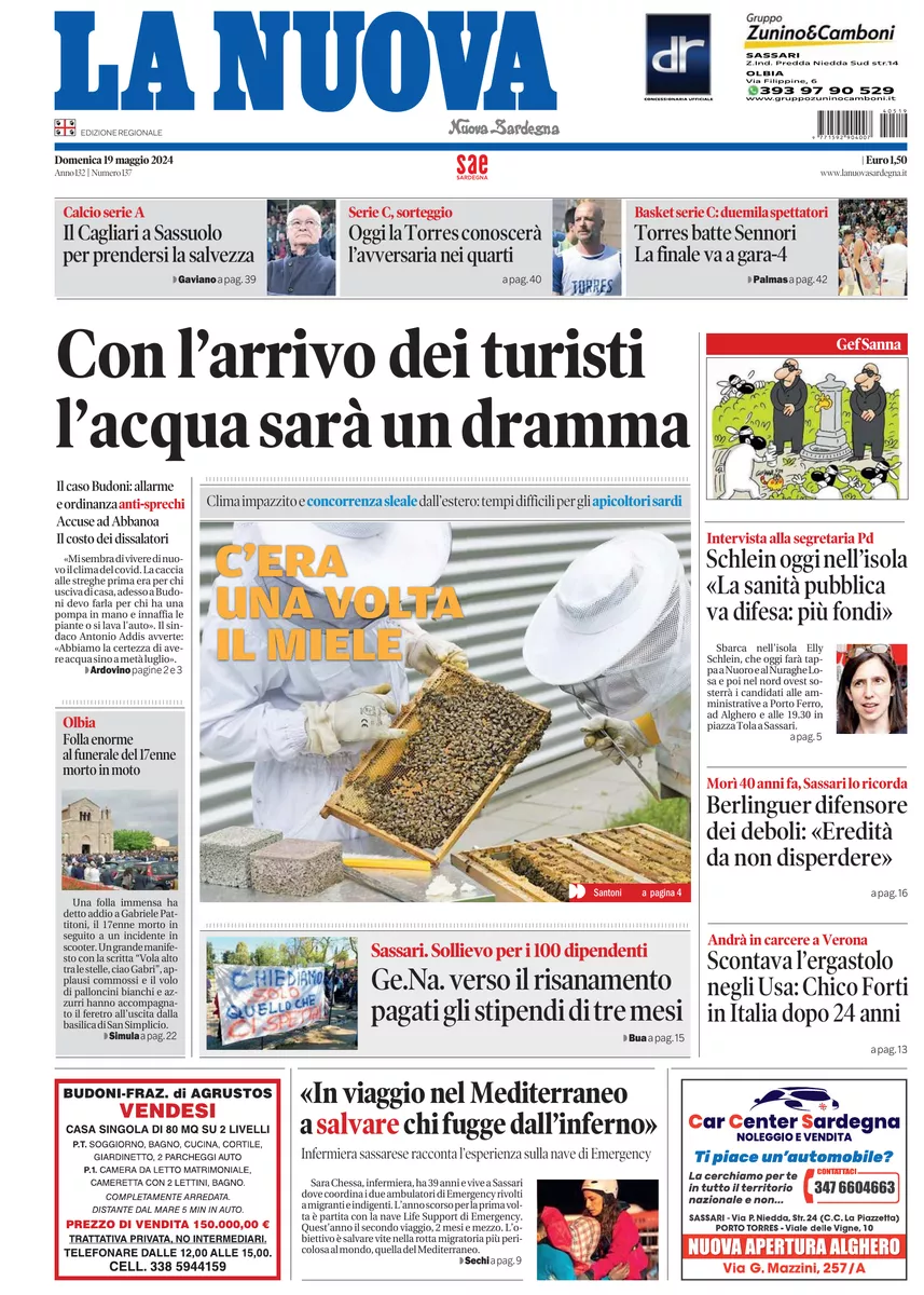 Prima-pagina-la-nuova-sardegna-oggi-oggi-edizione-del-2024-05-19