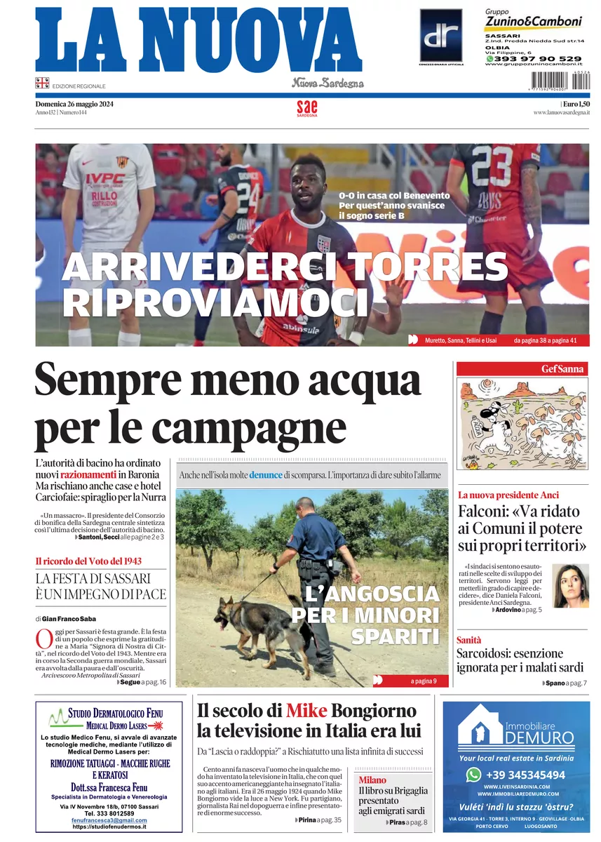 Prima-pagina-la-nuova-sardegna-oggi-oggi-edizione-del-2024-05-26