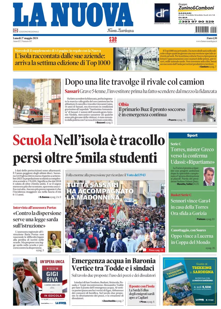 Prima-pagina-la-nuova-sardegna-oggi-oggi-edizione-del-2024-05-27