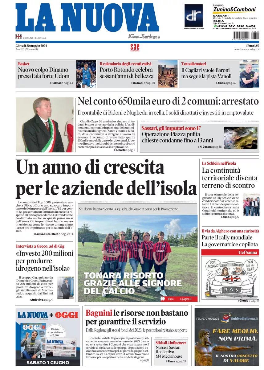 Prima-pagina-la-nuova-sardegna-oggi-oggi-edizione-del-2024-05-30