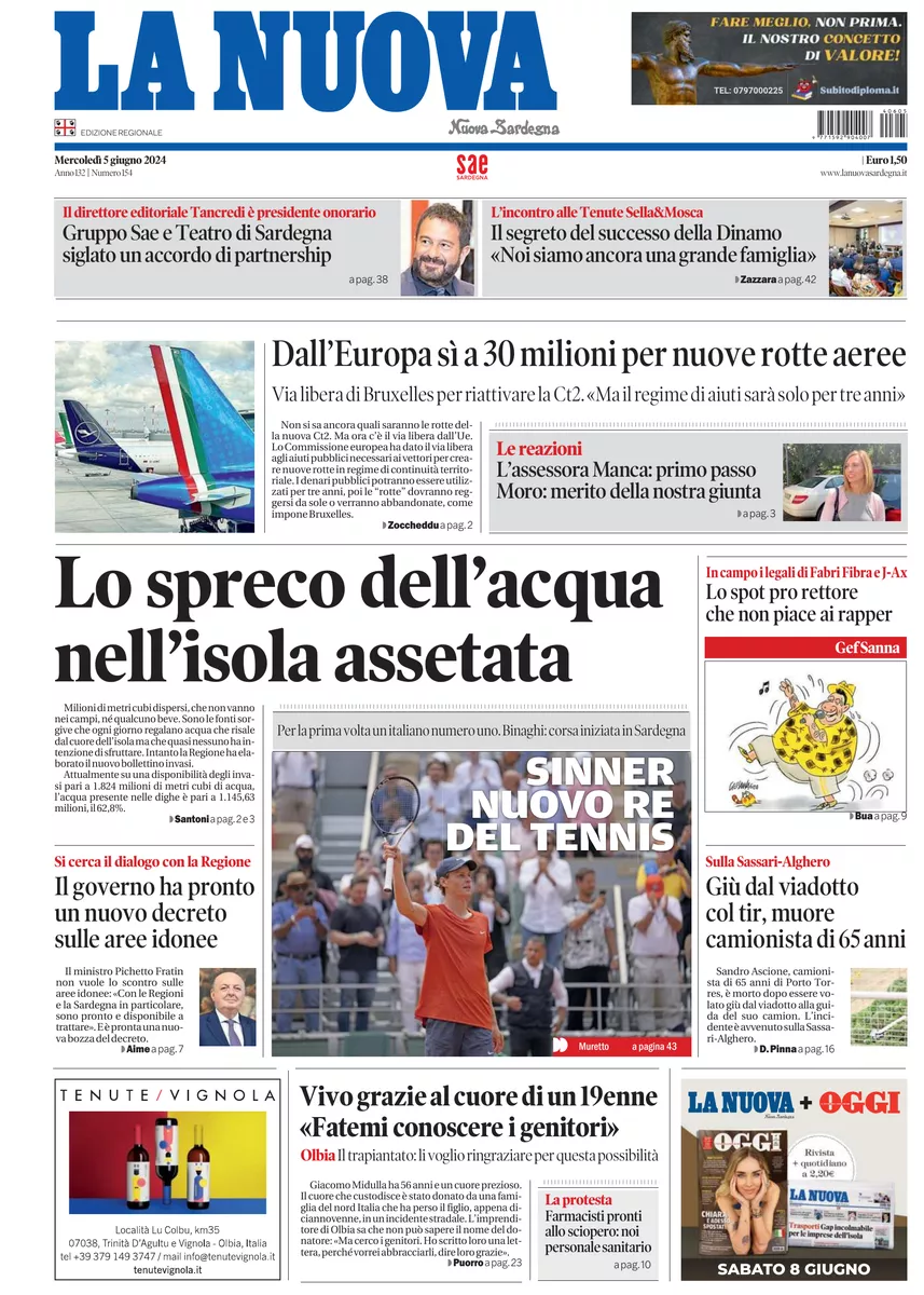 Prima-pagina-la-nuova-sardegna-oggi-oggi-edizione-del-2024-06-05