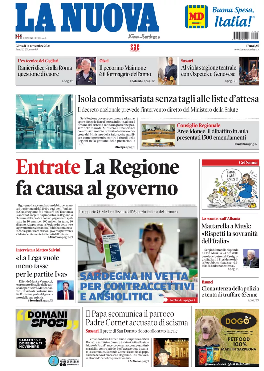 Prima-pagina-la-nuova-sardegna-oggi-oggi-edizione-del-2024-11-14