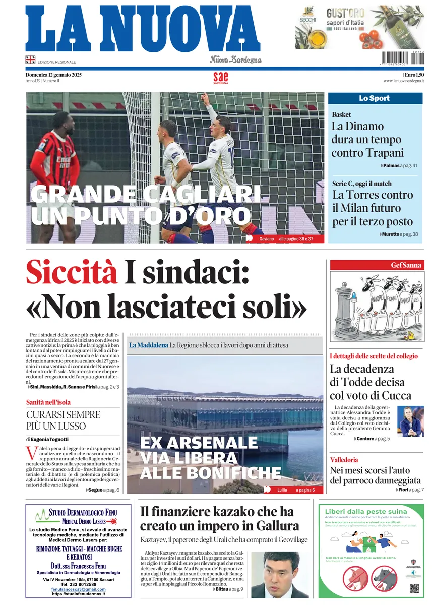 Prima-pagina-la-nuova-sardegna-oggi-oggi-edizione-del-2025-01-12