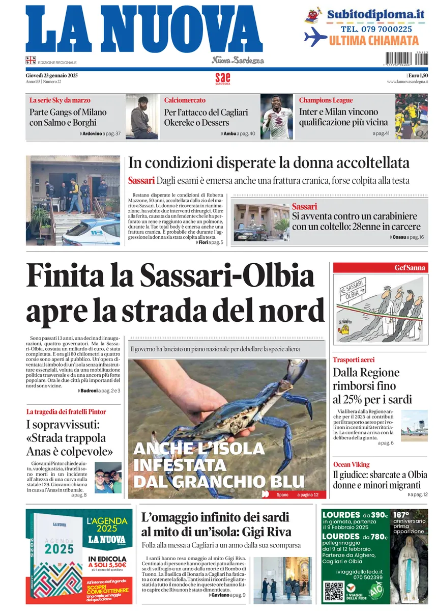 Prima-pagina-la-nuova-sardegna-oggi-oggi-edizione-del-2025-01-23