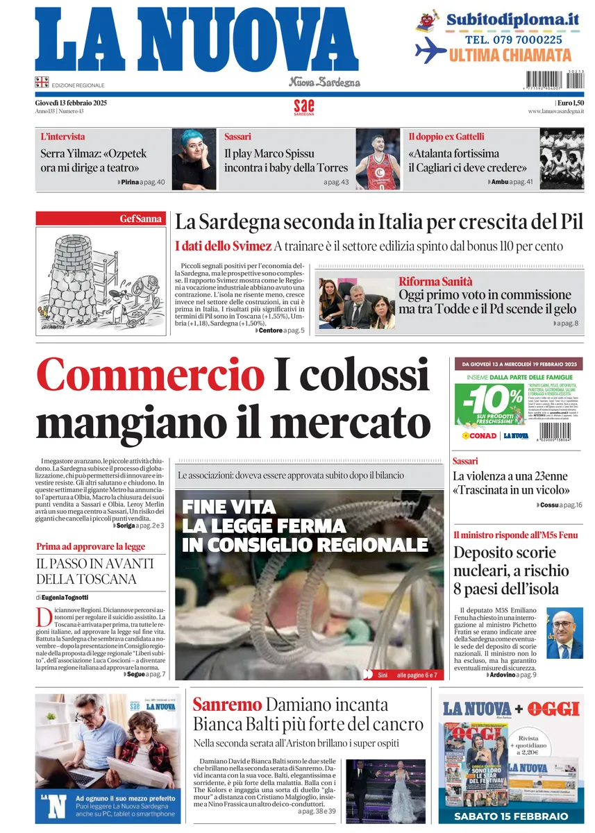 Prima-pagina-la-nuova-sardegna-oggi-oggi-edizione-del-2025-02-13