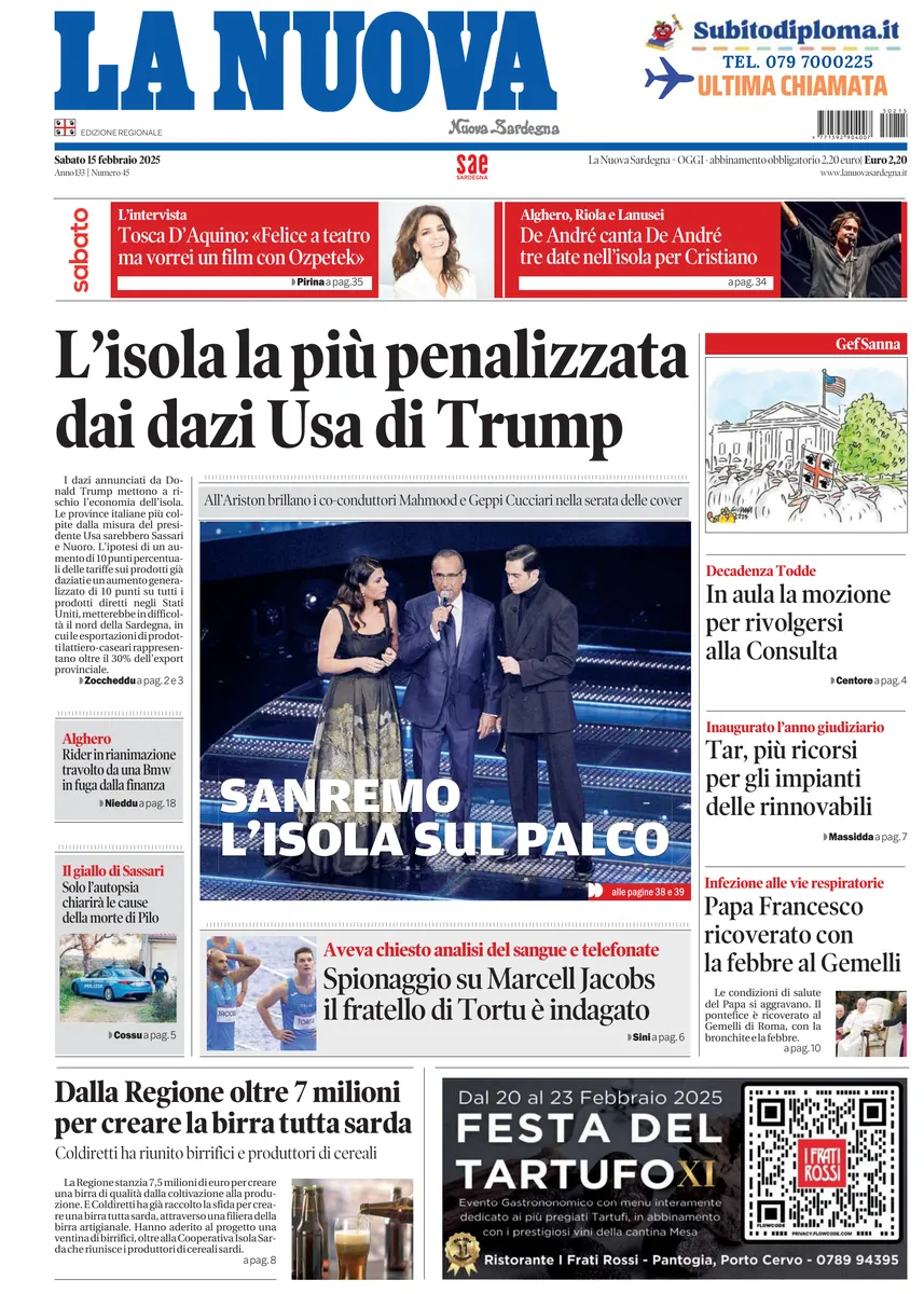 Prima-pagina-la-nuova-sardegna-oggi-oggi-edizione-del-2025-02-15