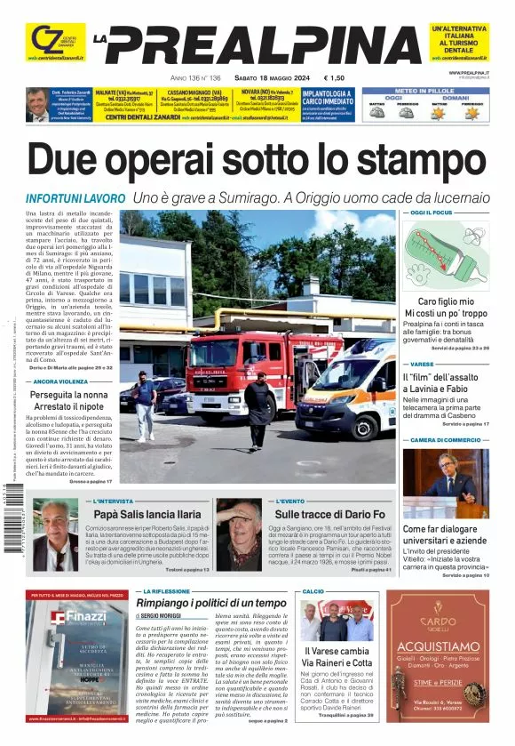 Prima-pagina-la-prealpina-oggi-oggi-edizione-del-2024-05-18